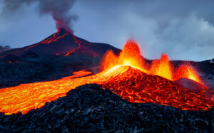 Volcanic eruption and flowing lava