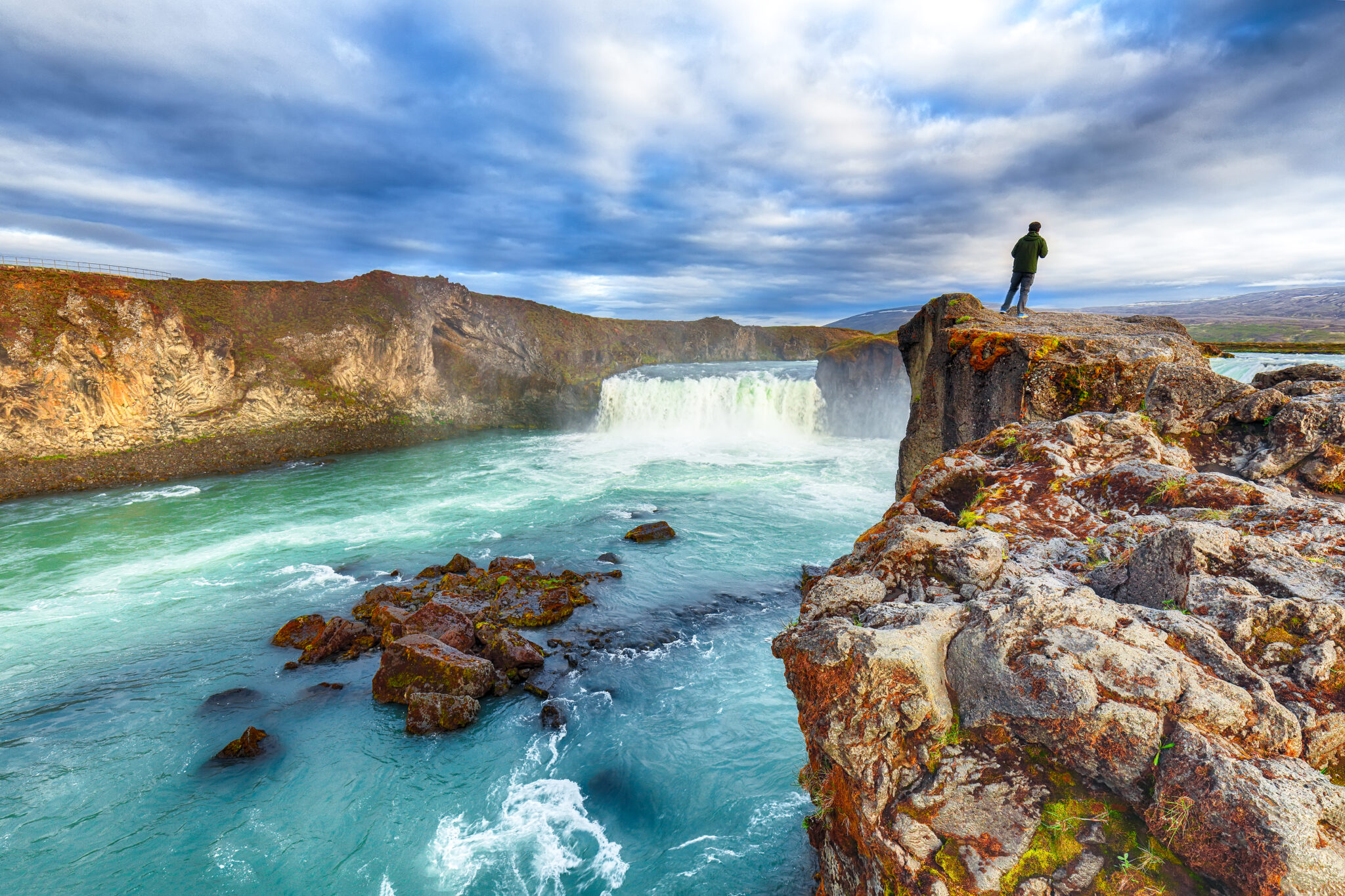 Incredible landscape scene of powerful Godafoss waterfall. Dramatic sky over Godafoss. Location: Bardardalur valley, Skjalfandafljot river, Iceland, Europe