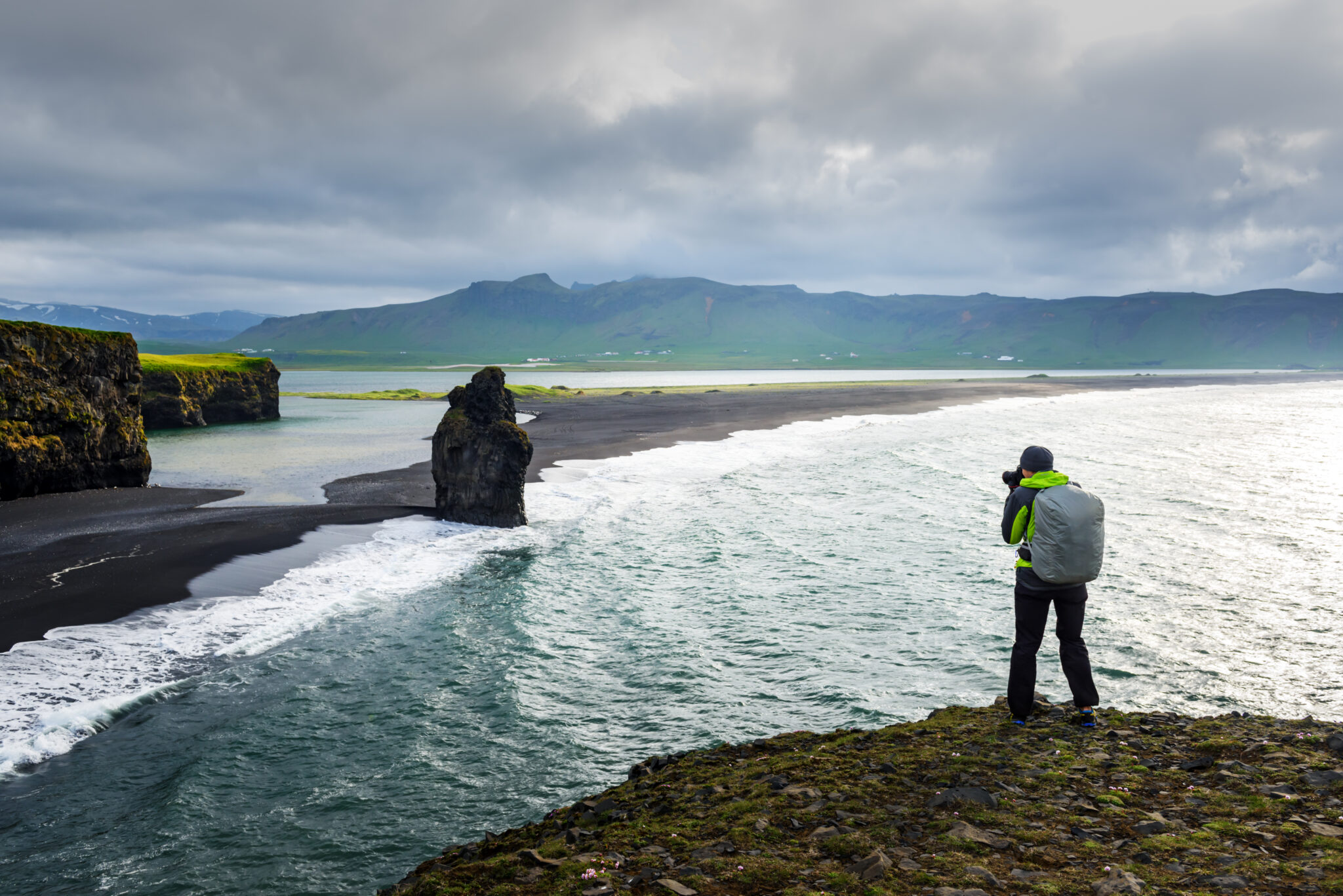 Incredible view on Black beach and Troll toes cliffs. Reynisdrangar, Vik, Iceland. Landscape photography